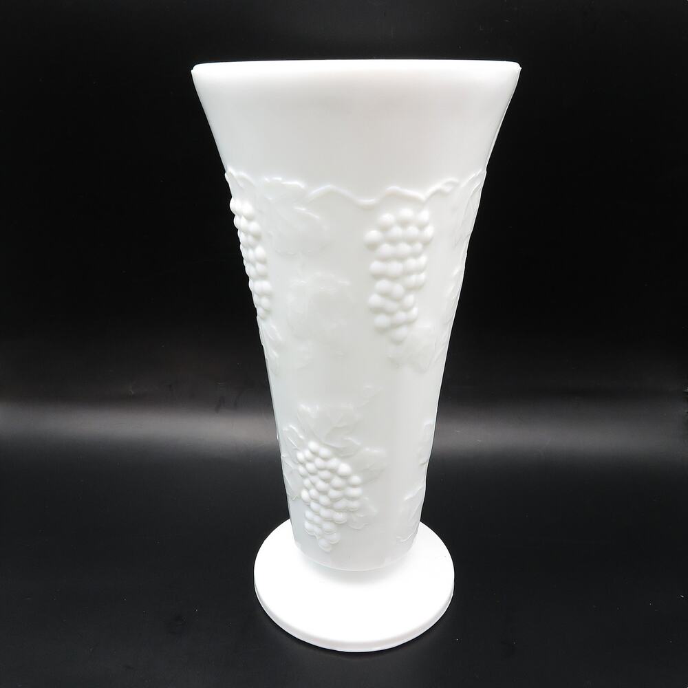 Vintage Indiana Glass Colony Harvest White Milk Glass Grape Pedestal Vase 7.75”